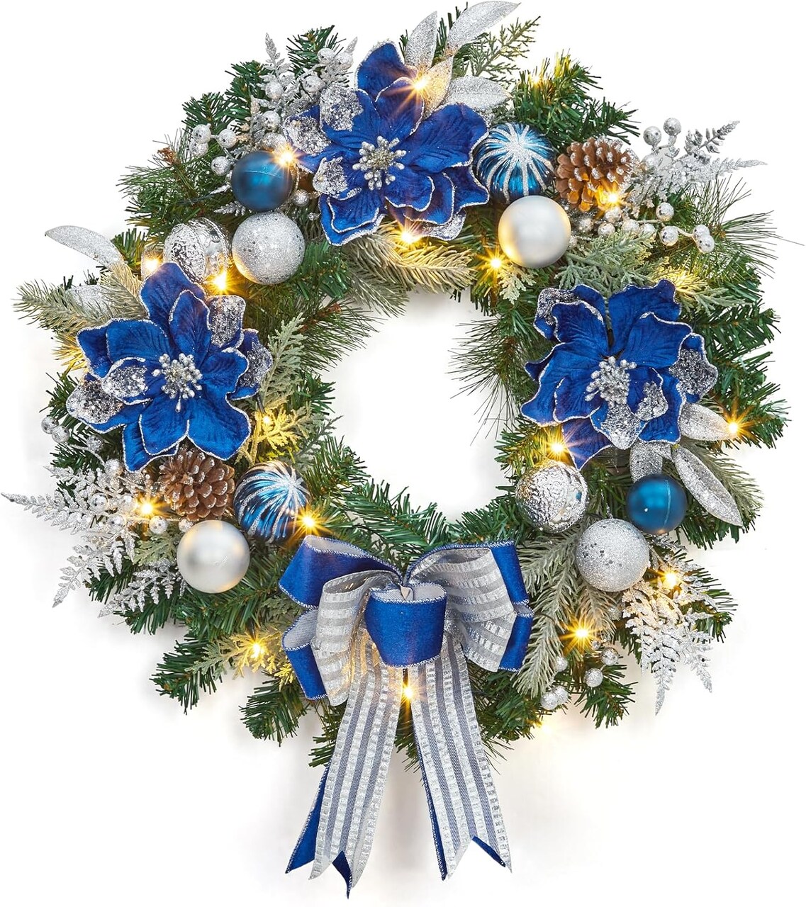 Lighted Christmas Wreath for Front Door Battery Operated (Blue Silver) 24"D x 24"W x 5"H